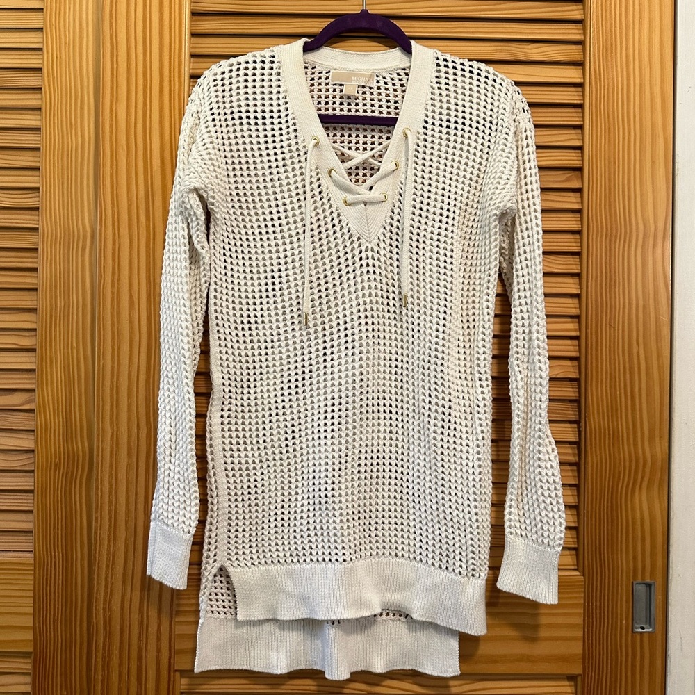 Michael Kors Knit Crochet Fishnet Lace-Up Tunic Sweater XS